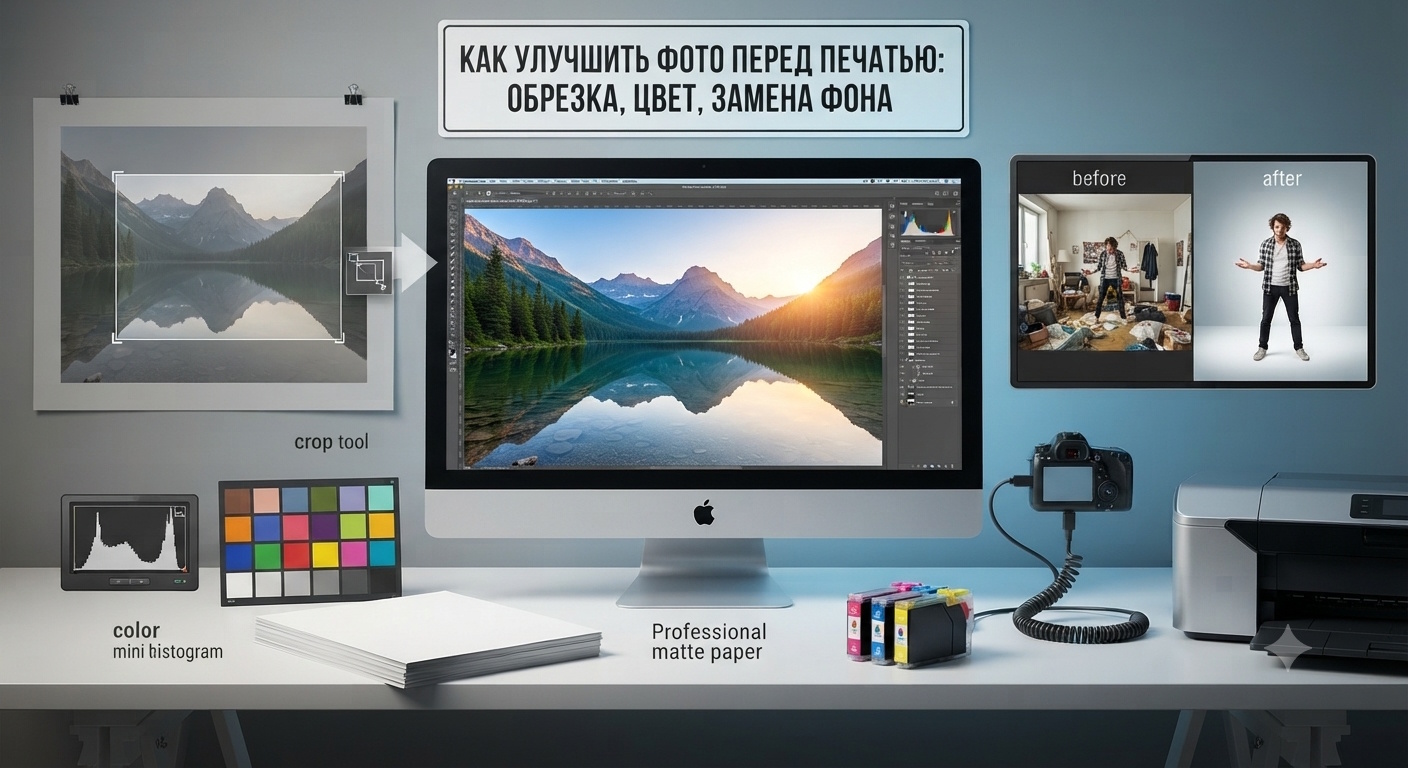 Как улучшить фото перед печатью: обрезка, цвет и замена фона